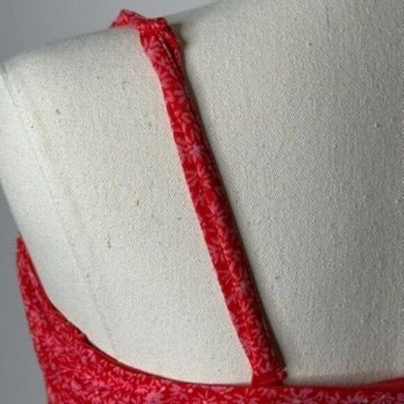 Red Floral Ruched Mesh Assymetrical Midi Dress Womens M Y2K Coquette 90s Beachy - Picture 5 of 12